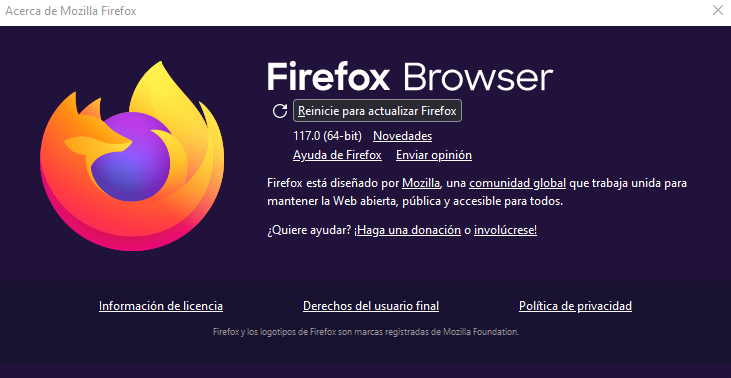 Se muestra en el apartado de 'Acerca de Firefox' el mensaje de que el navegador está actualizado a la versión 117.0.1