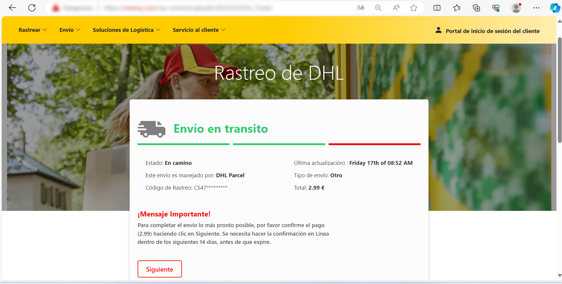 Se muestra la web que suplanta a DHL, mostrando que el envío en tránsito y se necesita abonar 2,99€ de gastos de aduana y muestra cómo proceder bajo las palabras ¡Mensaje Importante