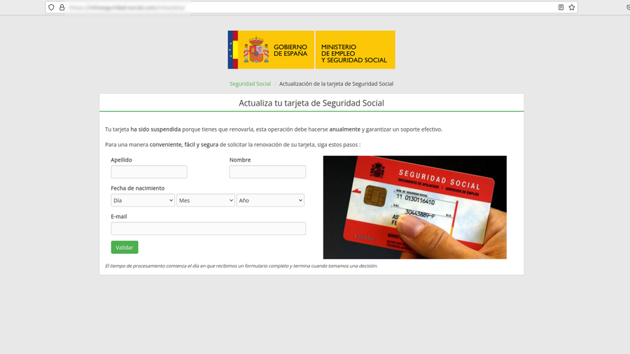 Se muestra una página web, la cual contiene un formulario, para actualizar la tarjeta de la seguridad social.