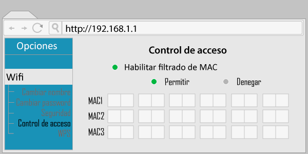 Simulación de interfaz de un router. Control de acceso introduciendo direcciones MAC.