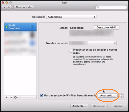 Captura de pantalla de ventana de MAC de las preferencias de red del sistema.
