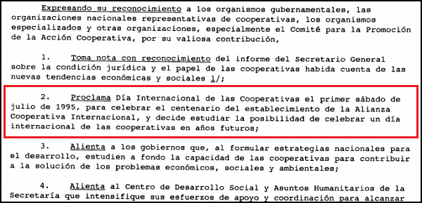 Imagen que muestra la resolución 47/90 de la Asamblea General de Naciones Unidas donde se proclama el Día Internacional de las Cooperativas-