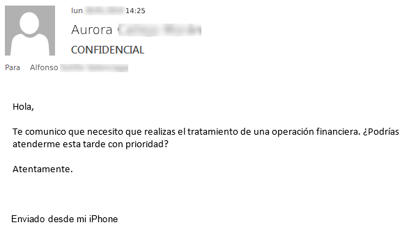Imagen que muestra el correo fraudulento que simula que Aurora le pide a Alfonso ayuda para realizar la operación financiera