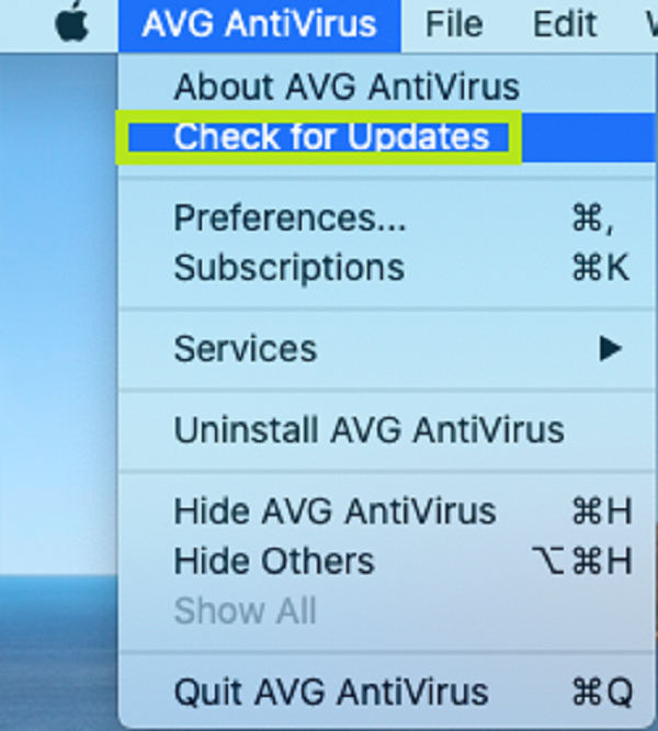 Desplegable del antivirus en la barra superior