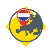 Mapa de Europa en color amarillo y gris con un puntero de localización sobre Países Bajos