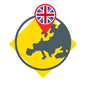Mapa de Europa en color amarillo y gris con un puntero de localización sobre Reino Unido