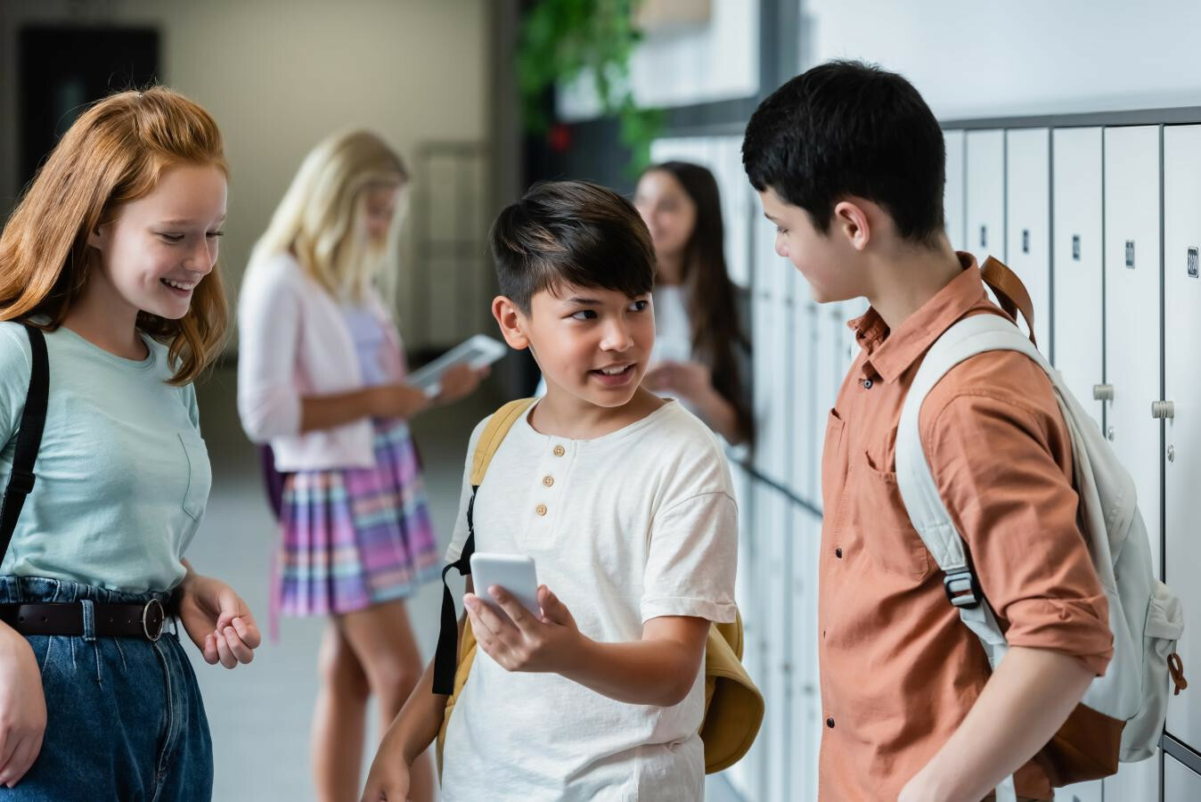 Alumnos/as mirando el móvil en los pasillos del colegio/instituto