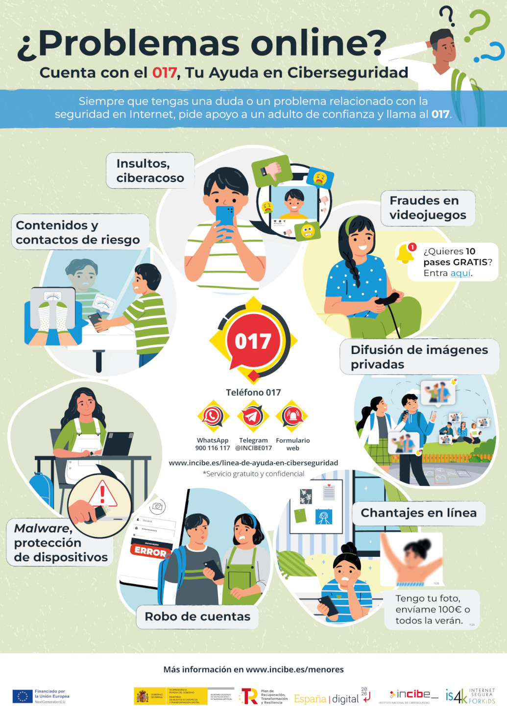 Infografía: Cartel informativo para alumnado: ¿Problemas online? Cuenta con el 017, Tu Ayuda en Ciberseguridad
