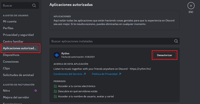 Aplicaciones autorizadas Discord