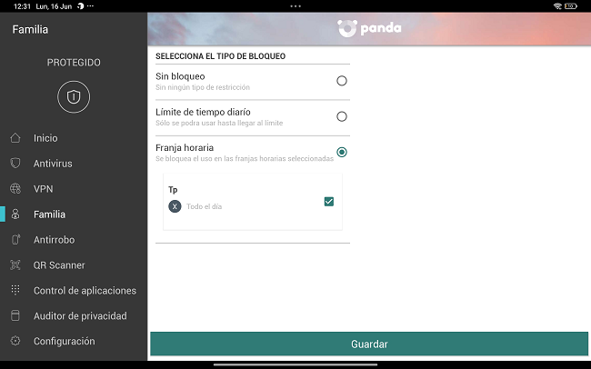 Franja horaria del bloqueo Panda Dome Family
