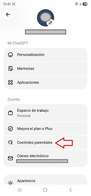 Menú ajustes móvil ChatGPT