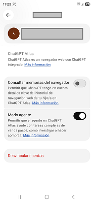 Ajustes de Atlas móvil ChatGPT