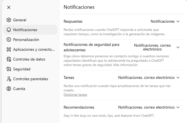 Notificaciones de seguridad para adolescentes ChatGPT