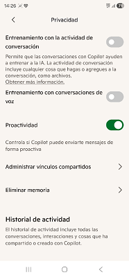 Menú de privacidad Copilot