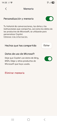 Opción de memoria Copilot