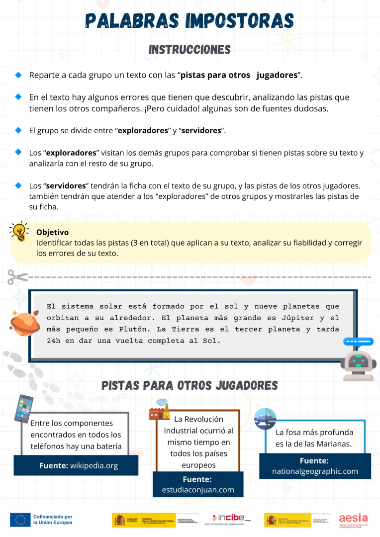 Instrucciones y primer texto con pistas. El texto completo se detalla en el botón debajo de la imagen