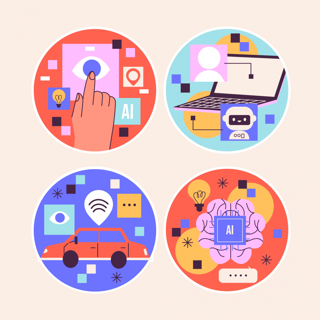 Cuatro elementos, unos con una mano tocando una imagen, otro un ordenador con un asistente, otro un coche con un icono de Wifi y por último un cerebro con un elemento cuadrado que pone IA