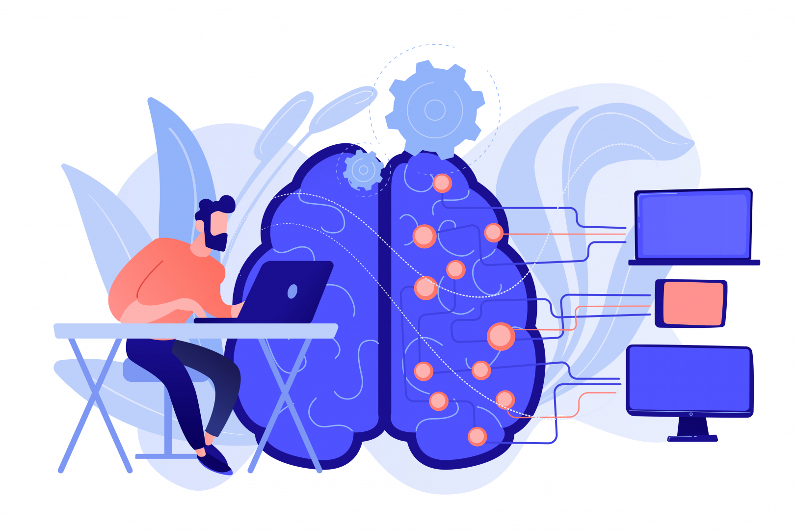 Dibujo de una persona con un ordenador y de fondo un cerebro