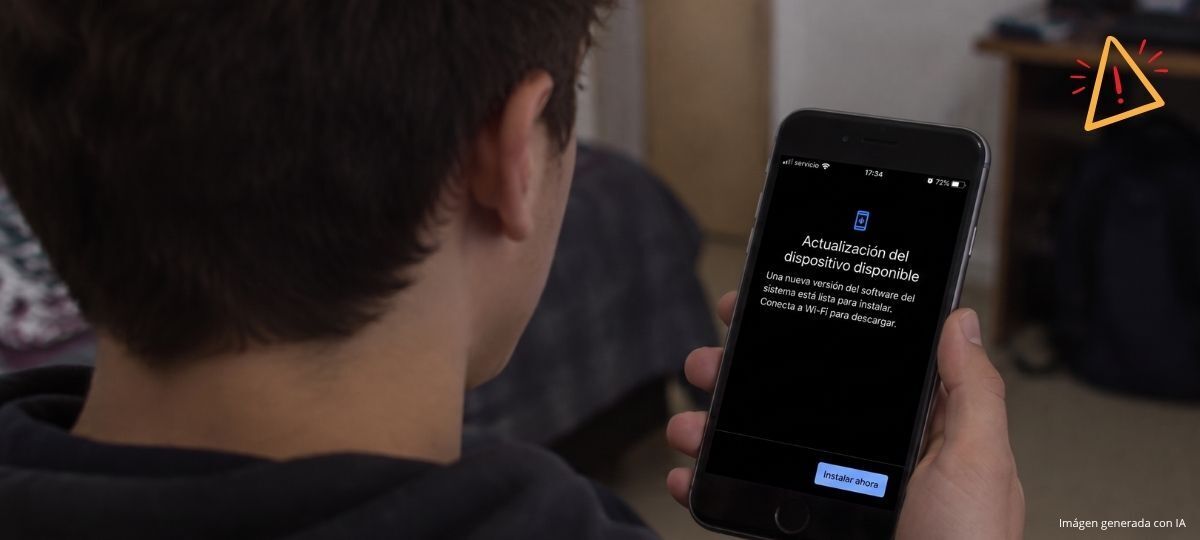 Adolescente de espaldas con un móvil que pone "actualización disponible" 