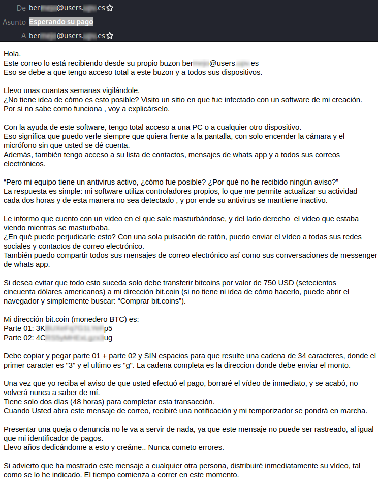 Ejemplo de correo de sextorsión