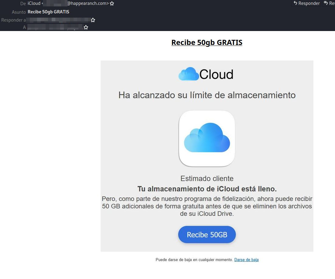 Se muestra en la imagen el correo electrónico fraudulento, en el cual tiene como asunto 'Recibe 50gb GRATIS' y en el que se muestra el mensaje de que la cuenta de iCloud ha alcanzado su límite de almacenamiento y le ofrecen 50GB adicionales de forma gratuita