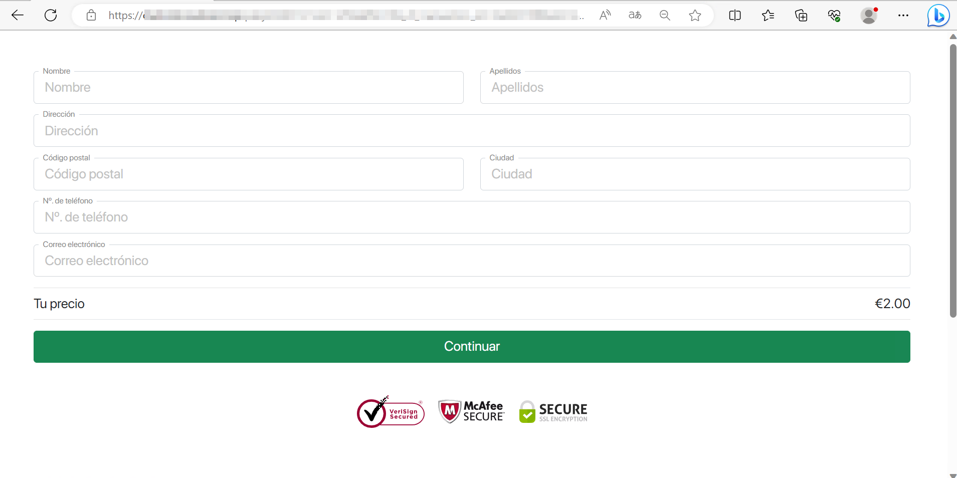 Se muestra una ventana en la cual hay un formulario donde se piden los siguientes datos: nombre, apellidos, dirección, código postal, ciudad, número de teléfono y email.