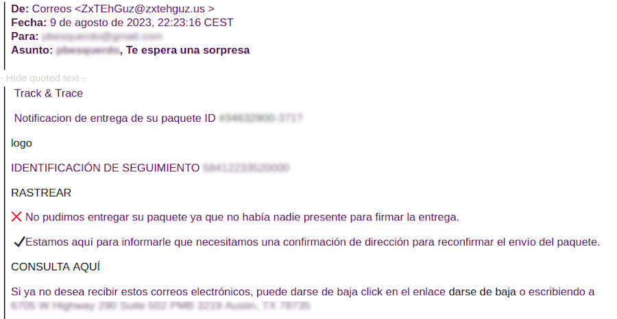 Se muestra el cuerpo de un correo electronico el cual solicita al usuario que reprograme el envio de su paquete