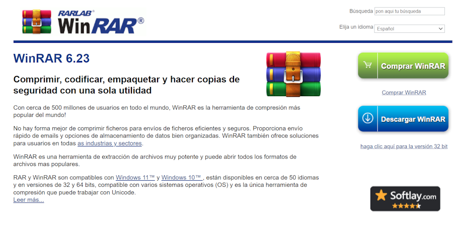 Web oficial de WinRAR, donde se pueden ver las opciones de compra y descarga de esta herramienta.
