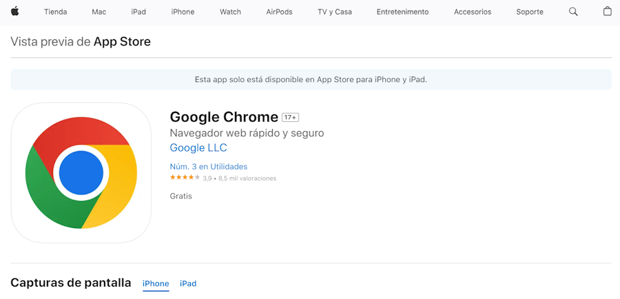Se muestra la ventana de la tienda de Apple, App Store y en esta la aplicación Google Chrome para ser instalada o actualizada.