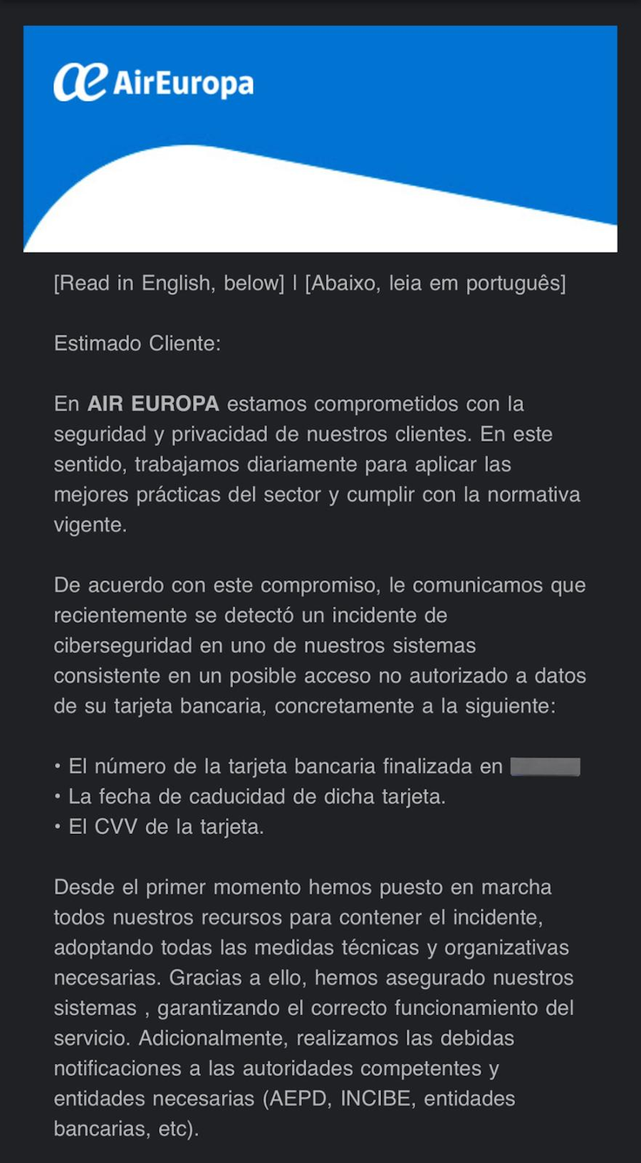 Mensaje del comunicado de Air Europa, informando a sus clientes que han sido vulnerados datos bancarios de estos.