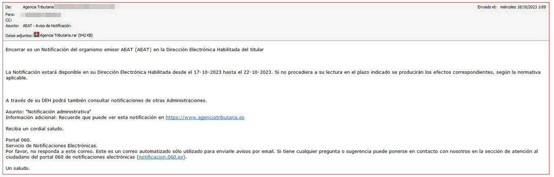 Correo electrónico fraudulento suplantando la identidad de la AEAT presionando al usuario a revisar el documento adjunto en un plazo determinado.