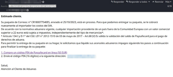 Se muestra el correo electrónico en el cual se informa al usuario  de que se necesita realizar el pago de los costos del IVA para poder entregar al destinatario el paquete.