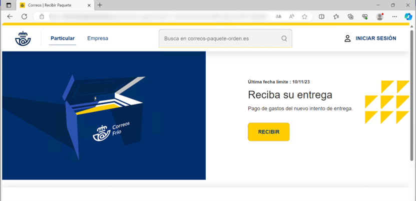 Se muestra una pestaña del navegador que imita la web de Correos, donde sale un mensaje de intento de entrega del paquete.