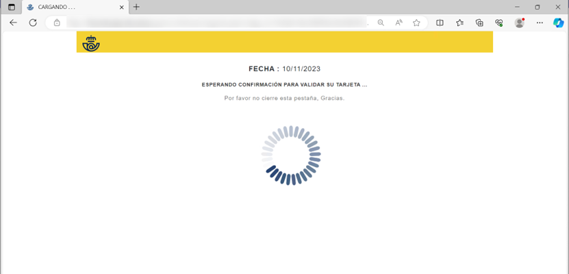 Se muestra una ventana de carga en la que supuestamente se está procesando la validación de los datos de la tarjeta introducidos.