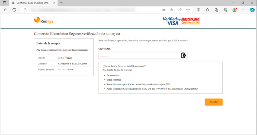 Se muestra una ventana en la cual se solicita que se introduzca el código enviado por SMS al usuario, para la verificación de la tarjeta.