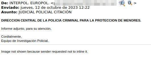 Se muestra un correo electrónico de la INTERPOL en el cual se adjunta un informe relacionado con un crimen relacionado contra la protección de los menores.
