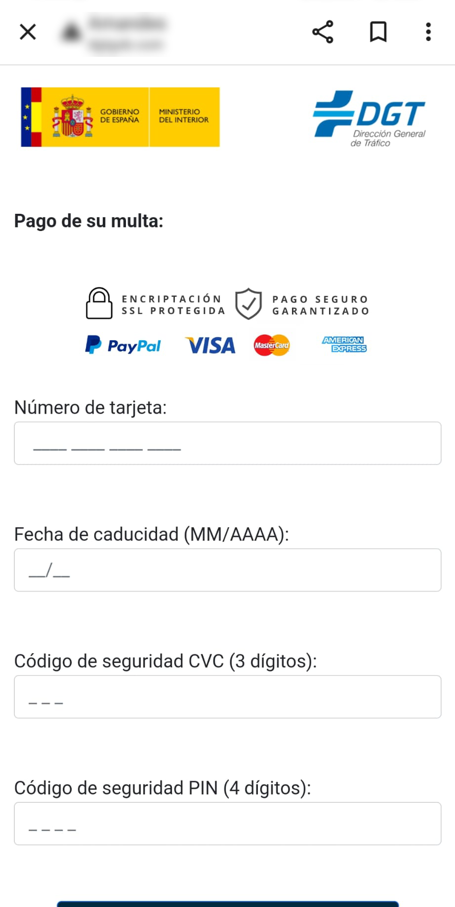 Se muestra una ventana la cual contiene un formulario para que el usuario rellene sus datos bancarios: número de tarjeta, fecha de caducidad (MM/AA) y código de seguridad CVC.