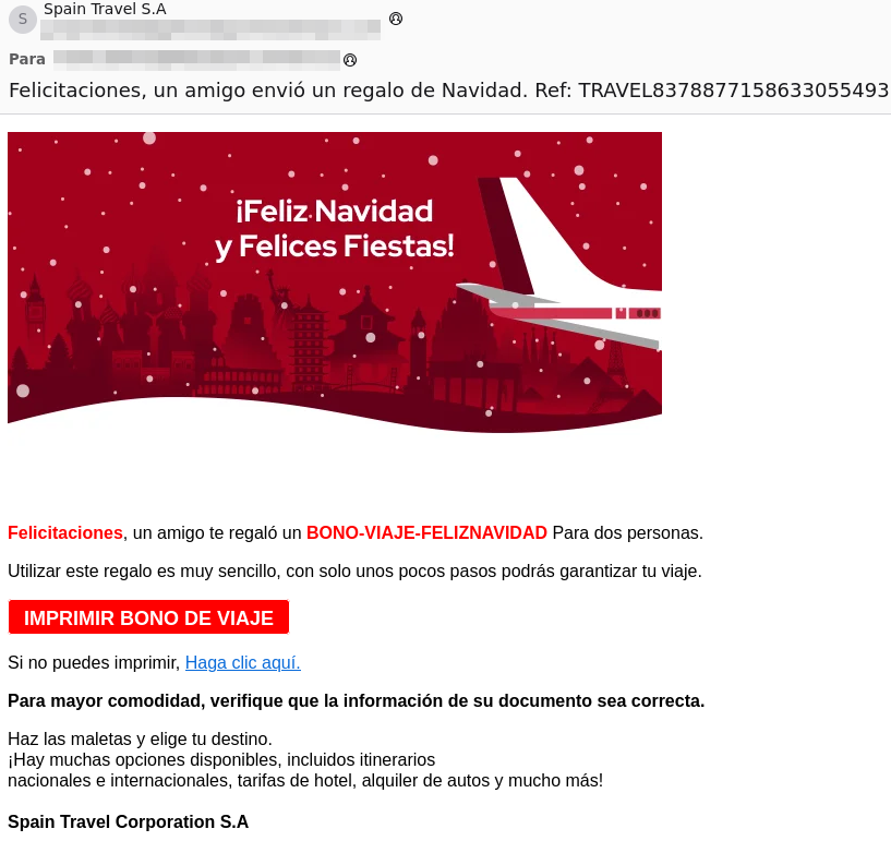 Se muestra la imagen de un correo electrónico que supuestamente procede de un servicio llamado Spain Travel informándonos de la obtención de un supuesto regalo.