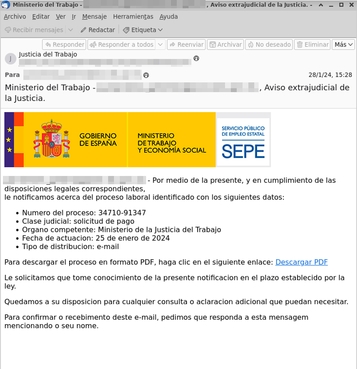 En la imagen se muestra una captura de un correo electrónico que recibe el usuario suplantando al SEPE sobre un proceso laboral para que acceda a un enlace y se descargue un PDF, pero ese archivo contiene un ejecutable con código fraudulento.