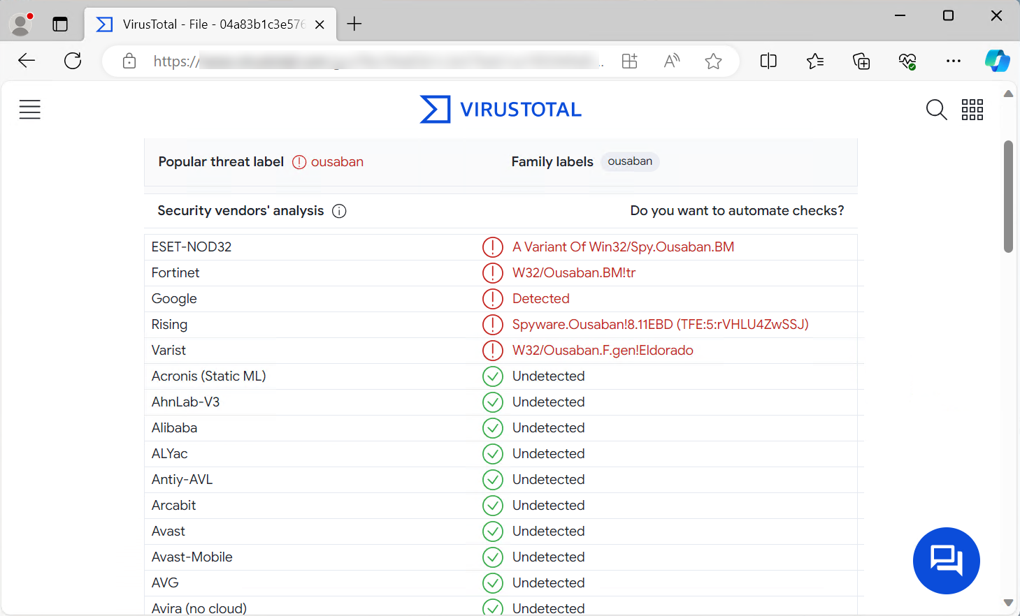 En la imagen se muestra una captura de los resultados del análisis hecho en el sitio web 'VirusTotal' sobre el archivo que contiene código malicioso, donde se muestra el resultado positivo detectado el troyano bancario Ousaban.