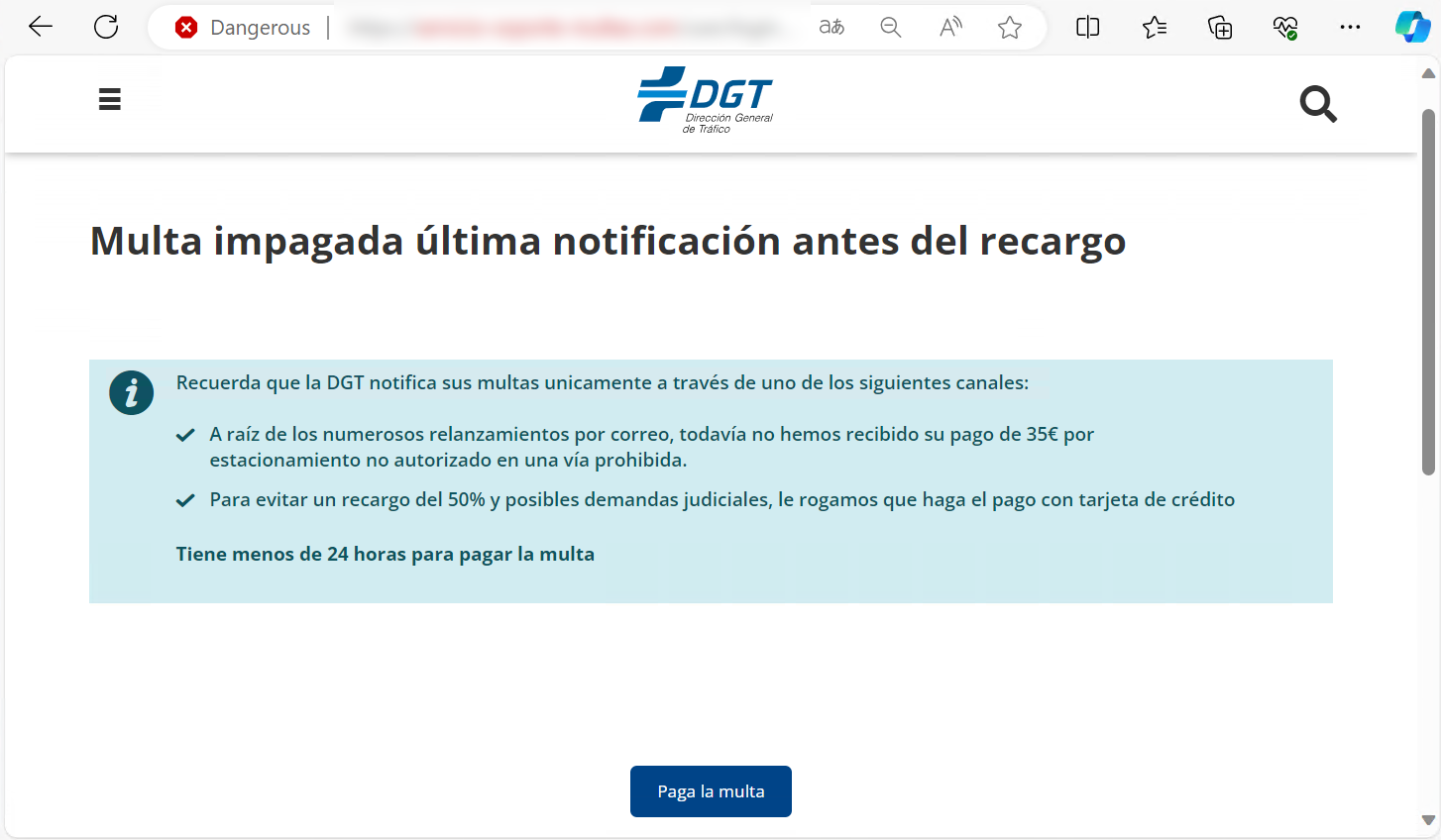 En la imagen se muestra la página web fraudulenta que se hace pasar por el portal de la DGT donde nos indica que existe una presunta multa impagada.