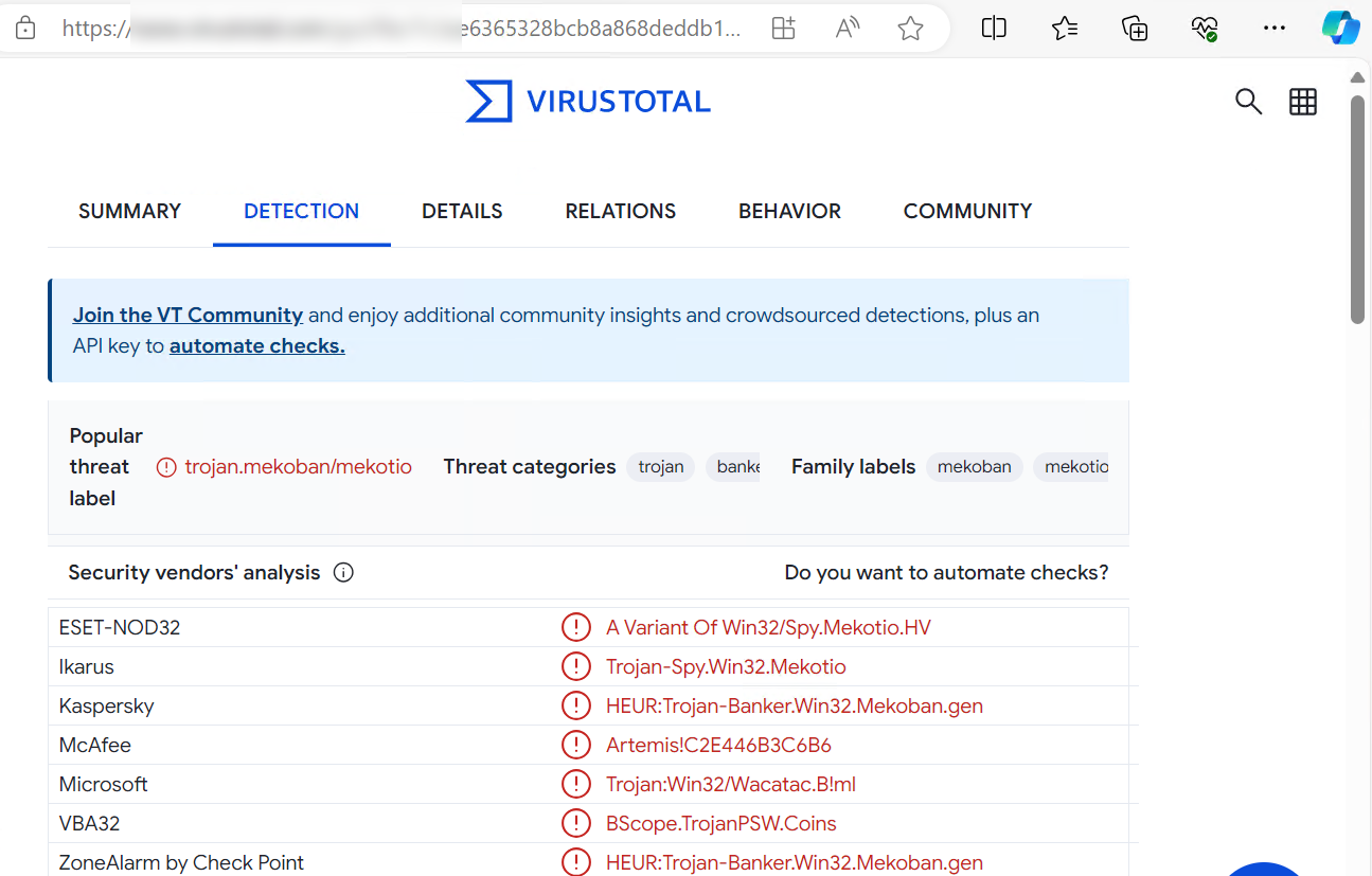 En la imagen se muestra un escaneo de la plataforma VirusTotal donde se indica que el fichero analizado, en este caso el que el ciberdelincuente pretende que descarguemos se trata de un malware conocido como Mekotio.