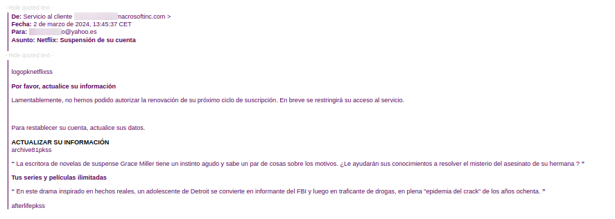 En la imagen se representa una muestra de correo malicioso de la campaña de phishing suplantando a Netflix donde se pide al usuario que actualice su información.