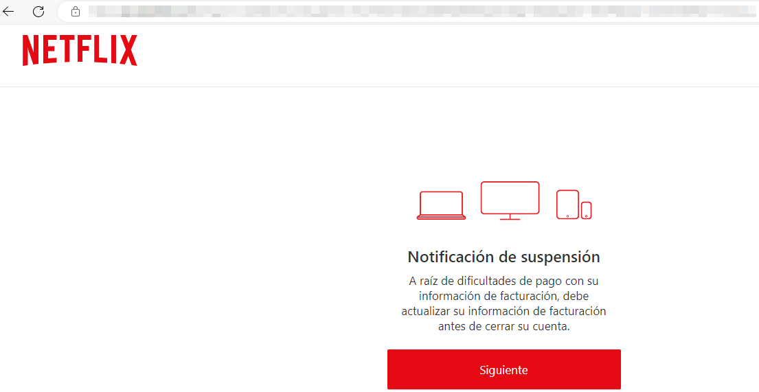 Imagen que muestra la suspensión de la cuenta y el usuario debe clicar en siguiente para avanzar con el proceso.