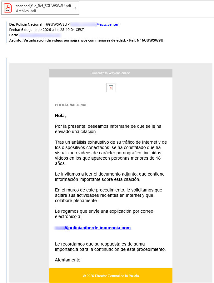 Suplantan a la Policía Nacional, a la Guardia Civil y a INCIBE a través de notificaciones falsas por consumir contenido pornográfico