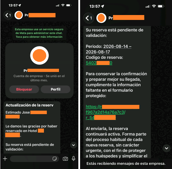 Suplantan a hoteles a través de WhatsApp y otros medios para solicitar la confirmación de reservas mediante enlaces fraudulentos