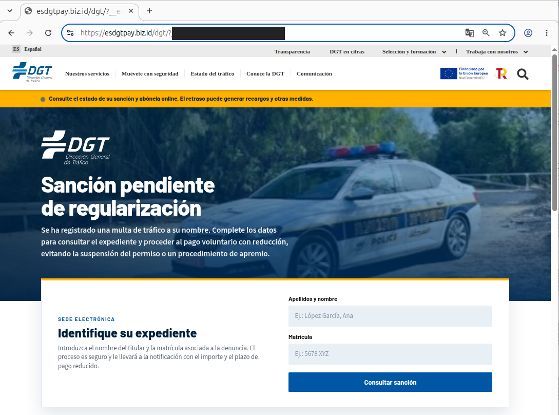 Web fraudulenta para añadir el nombre y la matrícula