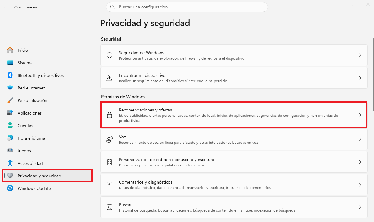 Recomendaciones y ofertas