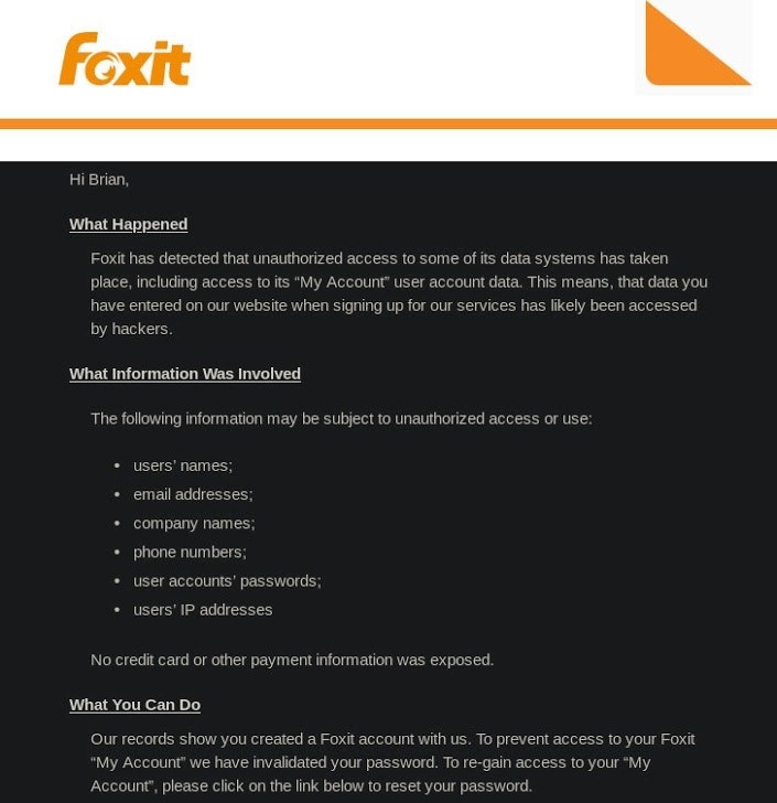 Captura de pantalla de la notificación de Foxit Software