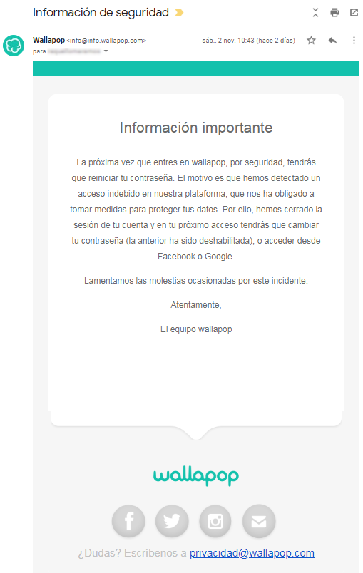 Correo electrónico avisando de la necesidad de cambiar urgentemente las credenciales de acceso a Wallapop